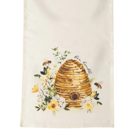 Such a little towel to brighten your kitchen! This towel has a beehive on the front with more greenery and yellow and white flowers and the words 
