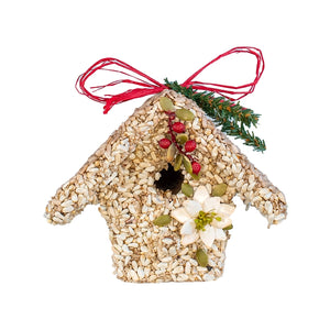 These three elegant cottages are a sweet seed treat at a price that can’t be beat. Hand decorated with bird seed, pepita seed poinsettia.&nbsp;Under the seed and decoration is a small ornamental wooden bird house. Absolutely the perfect gift for teachers, neighbors, friends, and family.&nbsp;

Made in the United States&nbsp;

Dimensions: Approximately 6" Tall