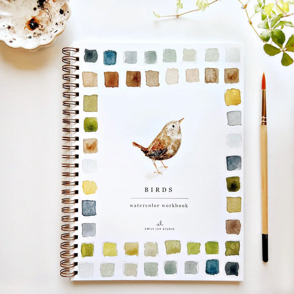 The Birds Watercolor Workbook includes 12 bird illustrations with an example of the finished painting, step-by-step instructions, and a lightly illustrated sketch for you to paint. It's just like a coloring book, but with watercolor! Enjoy this peaceful painting hobby on your own, with children, or with friends. Makes a wonderful gift and is perfect for artists of any age.

Details: - 12 beginner-friendly illustrations

Thick 120lb watercolor paper

 Lay-flat pages with spiral binding for hassle-free p
