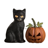 This friendly vintage inspired black cat is hiding his head inside a very scary paper mâché Jack O' Lantern. This Jack O'Lantern is orange with cut out eyes, nose, and mouth, and can be removed from the cats head.

Light not included