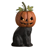 This friendly vintage inspired black cat is hiding his head inside a very scary paper mâché Jack O' Lantern. This Jack O'Lantern is orange with cut out eyes, nose, and mouth, and can be removed from the cats head.

Light not included