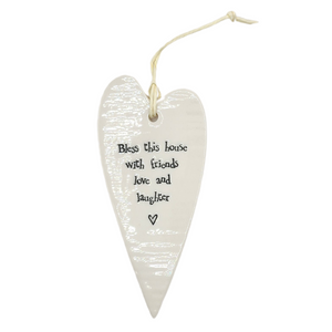 "Bless this house with friends love and laughter" White Porcelain Heart Ornament

2 1/2" W x 5 1/4" H