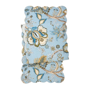 Fresh and floral! We love this new runner with beautiful blues, beige, and white. This Jacobean floral design will remind you of warm weather and new beginnings year-round. Reverse to a blue striped pattern for additional styling options!!  Machine wash cold and tumble dry low for easy care.