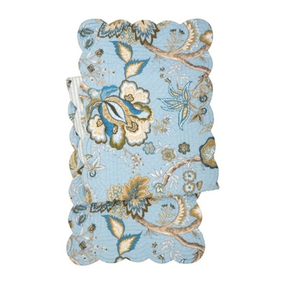 Fresh and floral! We love this new runner with beautiful blues, beige, and white. This Jacobean floral design will remind you of warm weather and new beginnings year-round. Reverse to a blue striped pattern for additional styling options!!  Machine wash cold and tumble dry low for easy care.