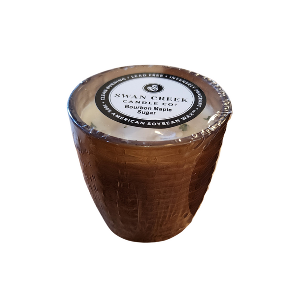 You'll love our cathedral small vase candle. This bourbon maple sugar candle has been poured into a pretty basketweave frosted brown glass.

You'll love the mild bourbon notes and how they blend with a rich brown sugar and maple aroma! 

Filled with 4.5 oz. of American Soybean WaxTM. Measures 3