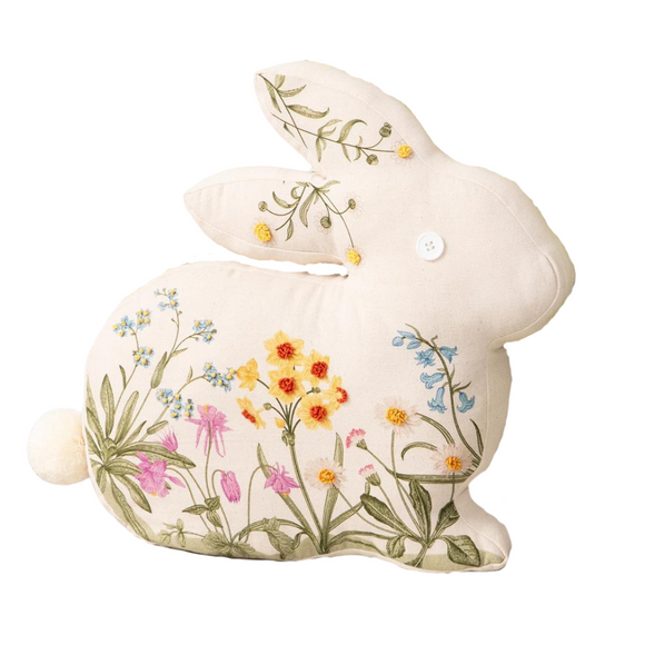 Cuteness overload here! This sweet cream bunny pillow is embroidered with flowers and leaves in yellows, blues, purples and oranges. It has a white button eye and a pompom for it's tail! Adorable!

16