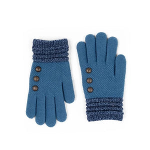 Say hello to the most comfortable gloves you'll ever own! These adorable blue gloves feature a coordinating ruched wrist cuff and wooden button accents. They are made of stretch knit with an unbelievably soft brushed knit interior.