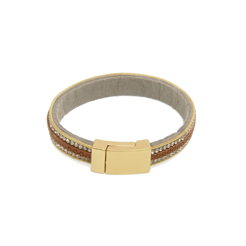 You'll love how easy it is to put this magnetic clasp bracelet on and take off!  This bracelet has a dark camel leather band in the center surrounded with a two rows of crystal strands on either side.

Approximately 3/8