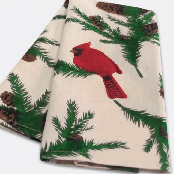 This muslin kitchen towel has evergreen branches with pinecones that surround red cardinals.  What a perfect towel for the winter months!  28