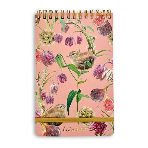 If you like taking notes like we do, you'll love our new reporter-style top spiral notepads!  This pink cover has a wren in the center surrounded by purple tulips and figs. We love that it has a yellow-gold elastic closure below to keep everything together!  150 Pages.  Approximately 4.5