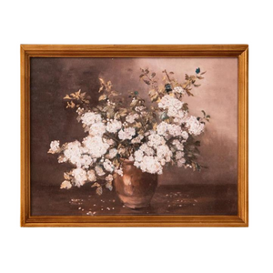 This beautiful still life botanical features a vase of cherry blossoms. It has an antiqued gold frame that will look great by itself or mixed in with other wall art!

11" H x 15" W