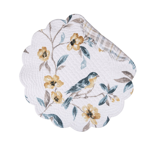 Brighten your dining room, living room, or kitchen with this bluebird placemat. Featuring painterly bluebirds perched atop twigs and yellow flowers, this cotton runner is sure to bring a fresh and cheerful vibe to your table. Reverses to a blue and yellow plaid for additional styling options. Crafted of cotton and machine washable for easy care. 17