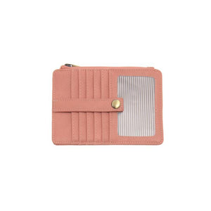 We love this mini wallet in a clay pink vegan leather! It is full of style and will hold your license and up to six credit cards. The zipper pocket is roomy enough for your change and cash, and a pocket is on the back.&nbsp; This mini wallet is perfect for you, but it makes an awesome gift!

DIMENSIONS: 4 IN. H X 5.5 IN. W X .25 IN. D

ZIPPERED TOP CLOSURE ON EDGE

6 CREDIT CARD POCKETS

ID WINDOW POCKET

EXTERIOR PASSPORT POCKET

STRIPED LINING

BRASS PLATED HARDWARE

100% VEGAN LEATHER (POLYURETHANE)