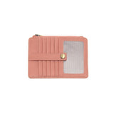We love this mini wallet in a clay pink vegan leather! It is full of style and will hold your license and up to six credit cards. The zipper pocket is roomy enough for your change and cash, and a pocket is on the back.&nbsp; This mini wallet is perfect for you, but it makes an awesome gift!

DIMENSIONS: 4 IN. H X 5.5 IN. W X .25 IN. D

ZIPPERED TOP CLOSURE ON EDGE

6 CREDIT CARD POCKETS

ID WINDOW POCKET

EXTERIOR PASSPORT POCKET

STRIPED LINING

BRASS PLATED HARDWARE

100% VEGAN LEATHER (POLYURETHANE)