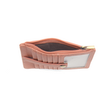 We love this mini wallet in a clay pink vegan leather! It is full of style and will hold your license and up to six credit cards. The zipper pocket is roomy enough for your change and cash, and a pocket is on the back.&nbsp; This mini wallet is perfect for you, but it makes an awesome gift!

DIMENSIONS: 4 IN. H X 5.5 IN. W X .25 IN. D

ZIPPERED TOP CLOSURE ON EDGE

6 CREDIT CARD POCKETS

ID WINDOW POCKET

EXTERIOR PASSPORT POCKET

STRIPED LINING

BRASS PLATED HARDWARE

100% VEGAN LEATHER (POLYURETHANE)