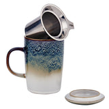 You will love this beautiful green 16 oz tea infuser mug in. The handcrafted reactive glaze design gives the mugs an artisan appearance. Each piece in unique and different. Just like a cloud. Made from premium stoneware, the interior of the mug is glossy white which allows you to see the color and strength of your tea. Each mug comes with an extra-fine mesh stainless steel tea infuser which provides excellent water flow and plenty of room for the tea leaves to expand and brew. The infuser also has our tilt 