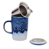 You will love this beautiful blue 16 oz tea infuser mug in.&nbsp;The handcrafted reactive glaze design gives the mugs an artisan appearance. Each piece in unique and different. Just like a cloud. Made from premium stoneware, the interior of the mug is glossy white which allows you to see the color and strength of your tea. Each mug comes with an extra-fine mesh stainless steel tea infuser which provides excellent water flow and plenty of room for the tea leaves to expand and brew. The infuser also has our t