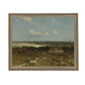Peaceful and serene, this artwork of a farm with the coast in the background will be one of your favorite pieces of artwork you'll own! Printed on premium canvas fabric for a lasting, textured finish and has a handcrafted ornate frame&nbsp; in a greyed blue and gold color that adds a classic charm.&nbsp; Comes with a paper backing and hanging hardware for easy installation.

Made in the USA: Proudly crafted with quality and care.&nbsp;

Care Instructions: Keep canvas dry to maintain its quality. If smudged 