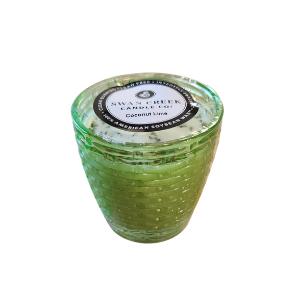 You'll love our cathedral small vase candle. This coconut lime candle has been poured into a pretty basketweave green glass.

Put the lime in the coconut and drink it all up! A tropical favorite, or sweet and tart limes with the relaxing throw of coconut!
Filled with 4.5 oz. of American Soybean WaxTM. Measures 3