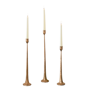 These three metal candleholders have been hand forged and painted a striking copper color.

Iron, Candles Not Included

Large: 19.5" H x 3" Dia

Medium: 17" H x 3" Dia

Small: 14.25" H x 3" Dia