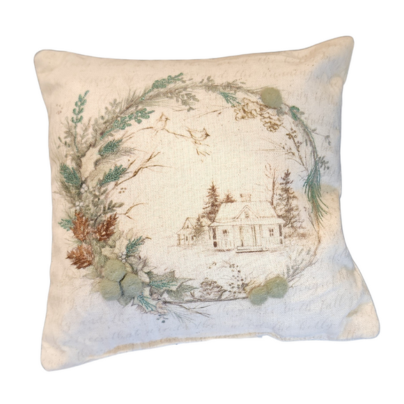 This sweet mini pillow shows a scene of a cottage in the woods in the center of an embroidered wreath, beautifully accented with greyish green felt balls. Crafted from a soft muslin cream fabric adorned with whimsical writing, this pillow is a charming decor piece for your home!

8