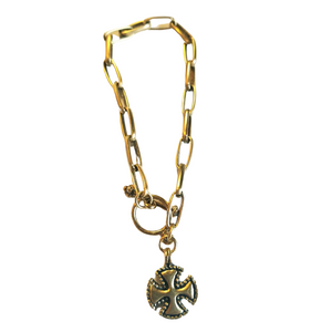 We love this chunky matte gold bracelet that has a fabulous linked chain and then features a crusader cross on the end. It is great to wear alone or amongst a bracelet stack!

7" long and has a toggle closure.