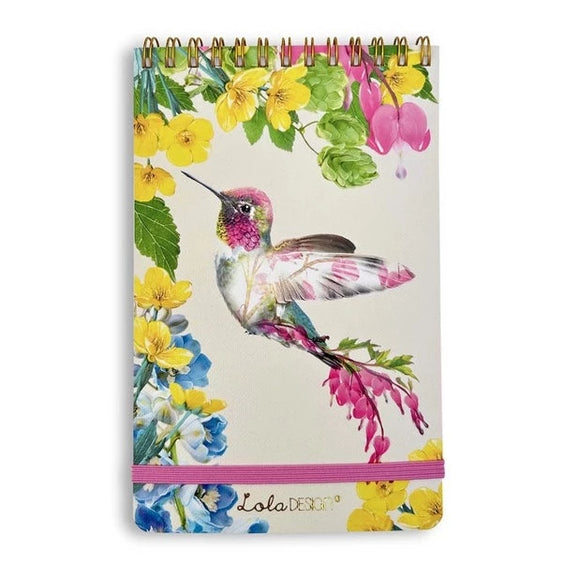 If you like taking notes like we do, you'll love our new reporter-style top spiral notepads!  This ecru cover has an adorable hummingbird in the center of yellow, pink, and blue flowers.  We love that it has a pink elastic closure below to keep everything together!  150 Pages.  Approximately 4.5