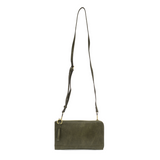 The Karina combines sleek styling with uber organization in beautiful antique-looking dark olive colored vegan leather! The ultimate in versatility, this bag can be worn as a crossbody, carried as a clutch or as a wristlet.&nbsp; The included bonus wallet with credit card slots, id windows, zippered change pocket, and billfold will keep you organized on the go and can be carried separately!


MAIN BAG: 9"H x 6"W x 1"D



Removable and adjustable crossbody strap 21"-26" with lobster claw clasps

Removable lo