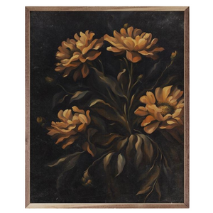 This floral picture is stunning! The distressed black background makes the gold/orange flowers POP! If you need a focal point in your home, this piece of artwork will do the trick!  Each piece is unique, with its own personality, marks, wood grain, and look.  Clean with a dry cloth.  Made in the USA  10 w x 8 h x 1.5 d