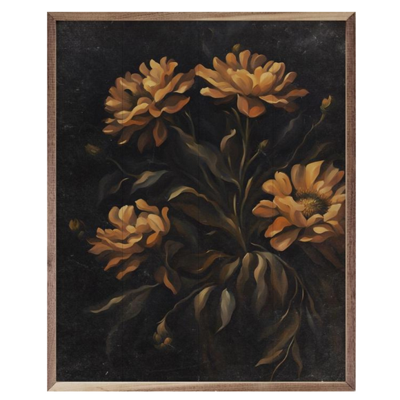 This floral picture is stunning! The distressed black background makes the gold/orange flowers POP! If you need a focal point in your home, this piece of artwork will do the trick!  Each piece is unique, with its own personality, marks, wood grain, and look.  Clean with a dry cloth.  Made in the USA  10 w x 8 h x 1.5 d