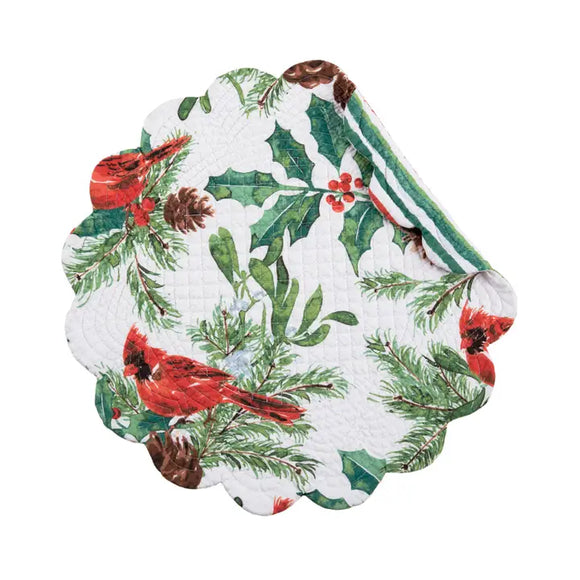 The Delwyn Cardinal placemat features festive winter cardinals, holly, and evergreen pines. It reverses to a cute red, green, and white stripe—perfect for the holiday! Finished with a scalloped edge, this placemat is crafted of 100% cotton and hand-guided machine quilting.

Machine wash cold and tumble dry low for easy care.

17