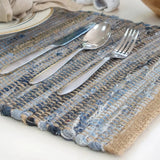 Need to add a little texture to your home? You'll love this incredibly stylish hand-woven, denim-colored reversible placemat crafted using recycled denim and jute yarns. Sustainable and durable, these runners&nbsp;will surely enrich the décor of any surface in your home.  14" W x 19"L  Spot clean only.  75% Recycled denim, 25% jute  Handmade in India