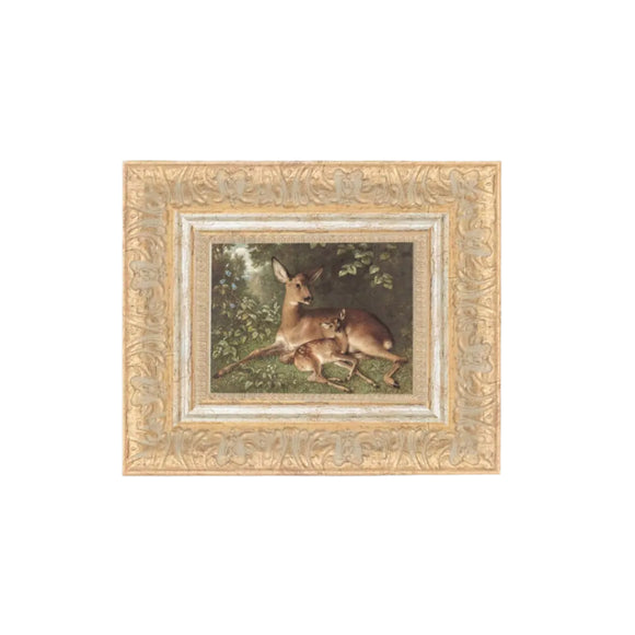 This is just the sweetest little artwork you'll see! A fawn in leaning against its mother in a thicket - so very sweet! We know that you'll find lots of places to put this little artwork! Printed on premium canvas fabric for a lasting, textured finish and has a handcrafted ornate frame  that adds a classic charm.  Comes with a paper backing and hanging hardware for easy installation.

Made in the USA: Proudly crafted with quality and care. 

Care Instructions: Keep canvas dry
