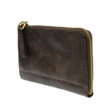 The Karina combines sleek styling with uber organization in beautiful antique-looking dark oak vegan leather! The ultimate in versatility, this bag can be worn as a crossbody, carried as a clutch, or as a wristlet.  The included bonus wallet with credit card slots, ID windows, zippered change pocket, and billfold will keep you organized on the go and can be carried separately! MAIN BAG: 9"H x 6"W x 1"D Removable and adjustable crossbody strap 21"-26" with lobster claw clasps