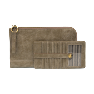 The Karina combines sleek styling with uber organization in beautiful antique-looking distressed metallic vegan leather! The ultimate in versatility, this bag can be worn as a crossbody, carried as a clutch, or as a wristlet.  The included bonus wallet with credit card slots, ID windows, zippered change pocket, and billfold will keep you organized on the go and can be carried separately! MAIN BAG: 9"H x 6"W x 1"D Removable and adjustable crossbody strap 21"-26" with lobster claw clasps