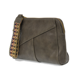 Retro styling crafted in antiqued vegan leather gives this khaki-grey colored clutch a vintage vibe. The removable woven wrist strap is the finishing touch on this stylish bag so that you can wear it as a wristlet, clutch, or crossbody with the included removable shoulder strap!   6.75"H x 9.75"W x 2.25"D