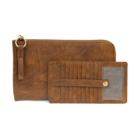 The Karina combines sleek styling with uber organization in beautiful antique-looking pecan-colored vegan leather! The ultimate versatility, this bag can be worn as a crossbody, as a clutch, or as a wristlet.  The included bonus wallet with credit card slots, ID windows, zippered change pocket, and billfold will keep you organized on the go and can be carried separately!