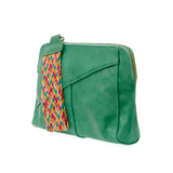 Retro styling crafted in antiqued vegan leather gives this fun jungle green-colored clutch a vintage vibe. The removable woven wrist strap is the finishing touch on this stylish bag so you can wear it as a wristlet, a clutch, or a crossbody with the included removable shoulder strap!      6.75"H x 9.75"W x 2.25"D