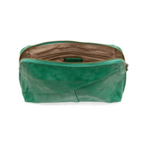 Retro styling crafted in antiqued vegan leather gives this fun jungle green-colored clutch a vintage vibe. The removable woven wrist strap is the finishing touch on this stylish bag so you can wear it as a wristlet, a clutch, or a crossbody with the included removable shoulder strap!      6.75"H x 9.75"W x 2.25"D