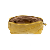 Retro styling crafted in antiqued vegan leather gives this awesome mellow yellow clutch a vintage vibe. The removable woven wrist strap is the finishing touch on this stylish bag, so you can wear it as a wristlet, a clutch, or a crossbody with the removable shoulder strap included!      6.75"H x 9.75"W x 2.25"D