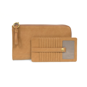 The Karina combines sleek styling with uber organization in beautiful antique-looking wheat-colored vegan leather! This bag has the ultimate versatility, as it can be worn as a crossbody, a clutch, or a wristlet. The bonus wallet, which includes credit card slots, ID windows, a zippered change pocket, and a billfold, will keep you organized and can be carried separately!   MAIN BAG: 9"H x 6"W x 1"D