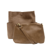 Casual and carefree crossbody in super soft pebble grain vegan leather! Our Kayleigh bucket bag in a beautiful fawn, tan color comes with a smaller bag that can be carried inside or used alone! The convenient side pockets of this bucket bag can carry your water bottle, phone, or glasses.  11" W X 11.25" H X 3.5"