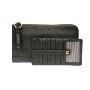 The Karina combines sleek styling with uber organization in beautiful antique-looking metallic graphite-colored vegan leather! The ultimate versatility, this bag can be worn as a crossbody, as a clutch, or as a wristlet.  The included bonus wallet with credit card slots, id windows, zippered change pocket, and billfold will keep you organized on the go and can be carried separately!