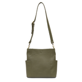 Casual and carefree crossbody in super soft pebble grain vegan leather! Our Kayleigh bucket bag in Olive comes with a smaller bag that can be carried inside or used alone! The convenient side pockets of this bucket bag can carry your water bottle, phone or glasses.  11" W X 11.25" H X 3.5" Magnetic Snap Closure 2 open and 1 zipper interior pockets 2 exterior open pockets and 1 back zipper pocket 12- 18" adjustable drop and detachable crossbody strap