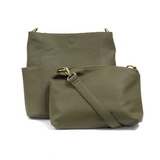 Casual and carefree crossbody in super soft pebble grain vegan leather! Our Kayleigh bucket bag in Olive comes with a smaller bag that can be carried inside or used alone! The convenient side pockets of this bucket bag can carry your water bottle, phone or glasses.  11" W X 11.25" H X 3.5" Magnetic Snap Closure 2 open and 1 zipper interior pockets 2 exterior open pockets and 1 back zipper pocket 12- 18" adjustable strap