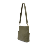 Casual and carefree crossbody in super soft pebble grain vegan leather! Our Kayleigh bucket bag in Olive comes with a smaller bag that can be carried inside or used alone! The convenient side pockets of this bucket bag can carry your water bottle, phone or glasses.  11" W X 11.25" H X 3.5" Magnetic Snap Closure 2 open and 1 zipper interior pockets 2 exterior open pockets and 1 back zipper pocket 12- 18" adjustable drop and detachable crossbody strap with lobster claw clasps