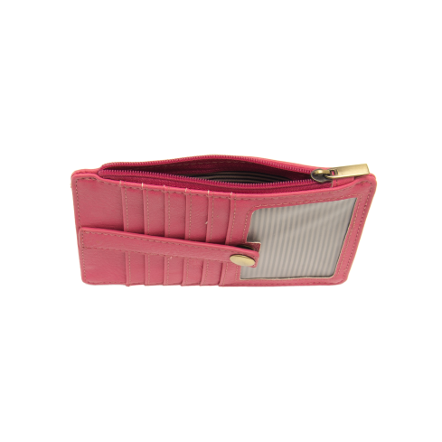 We love this mini wallet in a gorgeous cha-cha pink vegan leather! It is full of style and will hold your license and up to six credit cards. The zipper pocket is roomy enough for your change and cash, and a pocket is on the back.  This mini wallet is perfect for you, but it makes an awesome gift!  DIMENSIONS: 4 IN. H X 5.5 IN. W X .25 IN. D  ZIPPERED TOP CLOSURE ON EDGE  6 CREDIT CARD POCKETS  ID WINDOW POCKET
