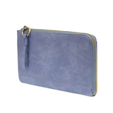 The Karina combines sleek styling with uber organization in pretty antique-looking peri- blue vegan leather! The ultimate versatility, this bag can be worn as a crossbody, as a clutch or as a wristlet.  The included bonus wallet with credit card slots, ID windows, zippered change pocket, and billfold will keep you organized on the go and can be carried separately!