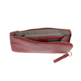 The Karina combines sleek styling with uber organization in beautiful antique-looking magenta-colored vegan leather! The ultimate versatility, this bag can be worn as a crossbody, as a clutch, or as a wristlet.  The included bonus wallet with credit card slots, ID windows, zippered change pocket, and billfold will keep you organized on the go and can be carried separately! MAIN BAG: 9"H x 6"W x 1"D Removable and adjustable crossbody strap 21"-26" with lobster claw clasps