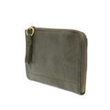 The Karina combines sleek styling with uber organization in beautiful antique-looking juniper colored vegan leather! The ultimate versatility, this bag can be worn as a crossbody, as a clutch, or as a wristlet.  The included bonus wallet with credit card slots, ID windows, zippered change pocket, and billfold will keep you organized on the go and can be carried separately! MAIN BAG: 9"H x 6"W x 1"D Removable and adjustable crossbody strap 21"-26" with lobster claw clasps